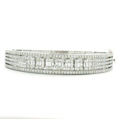 14K White Gold Natural 3.29 Carat Round & Baguette Cut Diamond Bangle Bracelet