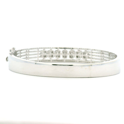 14K White Gold Natural 3.29 Carat Round & Baguette Cut Diamond Bangle Bracelet