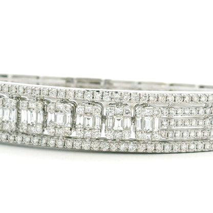 14K White Gold Natural 3.29 Carat Round & Baguette Cut Diamond Bangle Bracelet