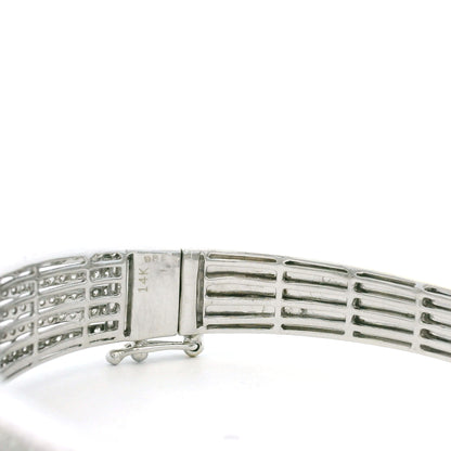 14K White Gold Natural 3.29 Carat Round & Baguette Cut Diamond Bangle Bracelet