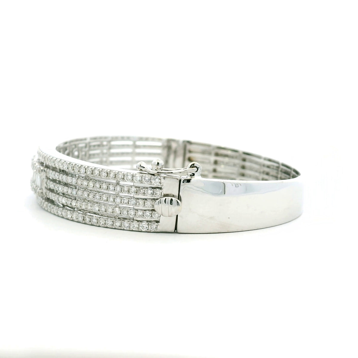 14K White Gold Natural 3.29 Carat Round & Baguette Cut Diamond Bangle Bracelet