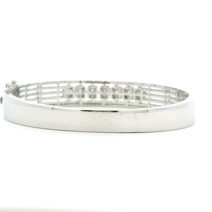 14K White Gold Natural 3.29 Carat Round & Baguette Cut Diamond Bangle Bracelet