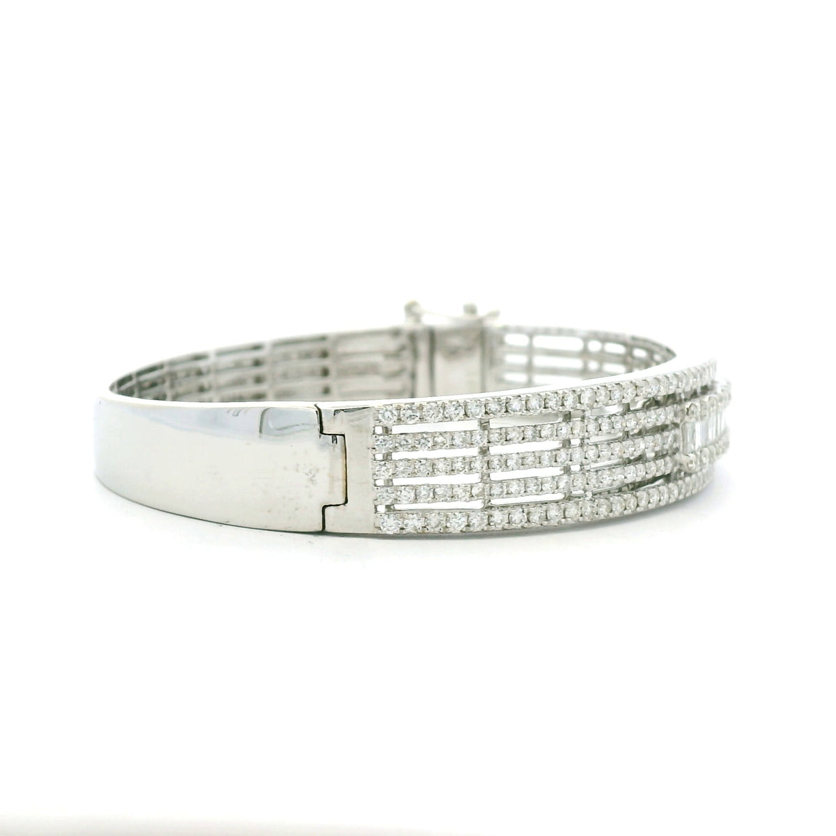 14K White Gold Natural 3.29 Carat Round & Baguette Cut Diamond Bangle Bracelet