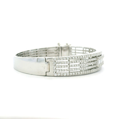 14K White Gold Natural 3.29 Carat Round & Baguette Cut Diamond Bangle Bracelet