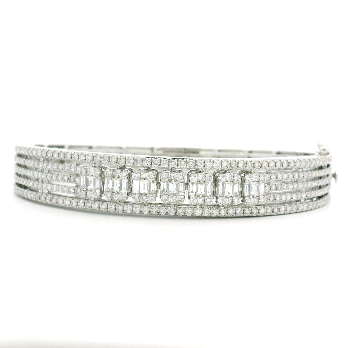 14K White Gold Natural 3.29 Carat Round & Baguette Cut Diamond Bangle Bracelet
