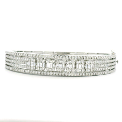 14K White Gold Natural 3.29 Carat Round & Baguette Cut Diamond Bangle Bracelet