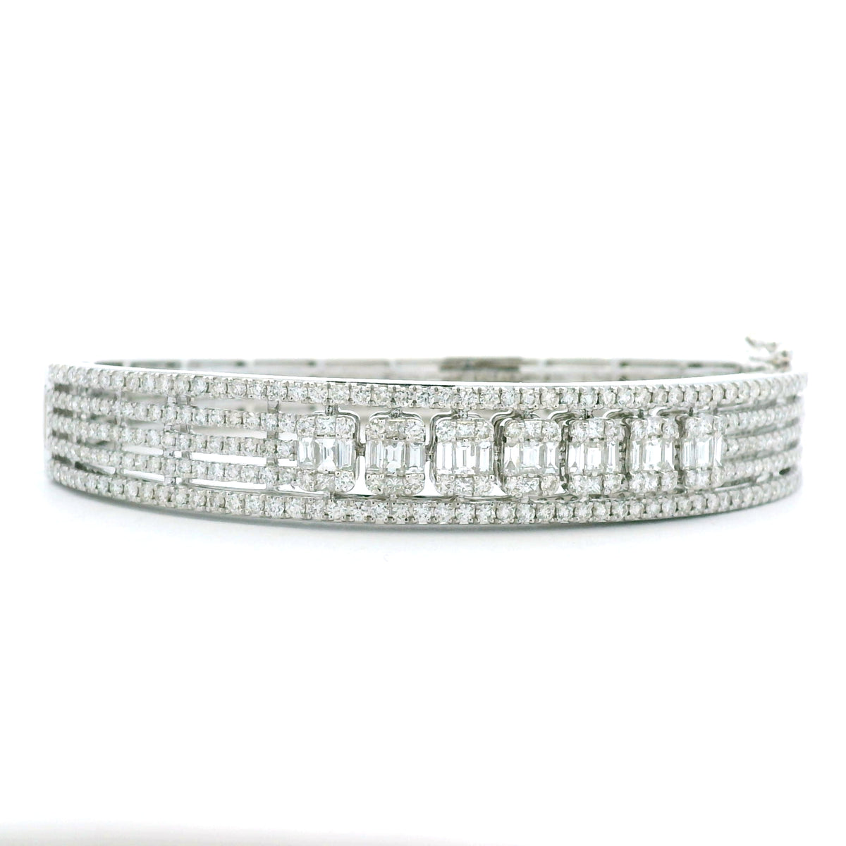 14K White Gold Natural 3.29 Carat Round & Baguette Cut Diamond Bangle Bracelet