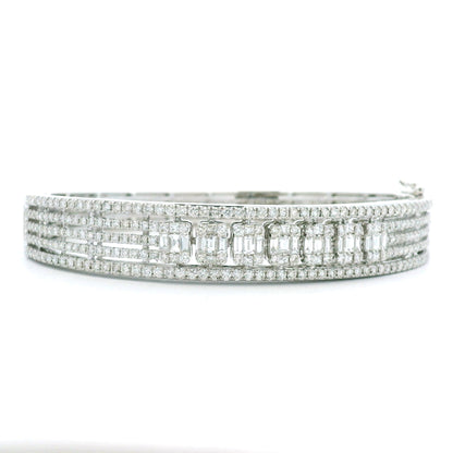 14K White Gold Natural 3.29 Carat Round & Baguette Cut Diamond Bangle Bracelet
