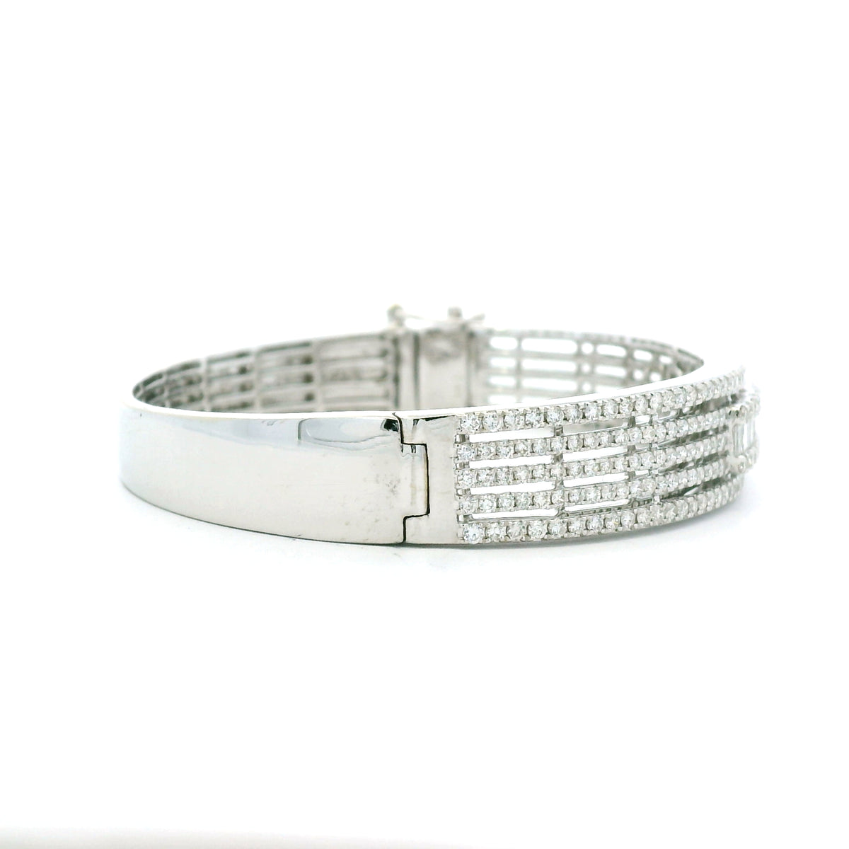 14K White Gold Natural 3.29 Carat Round & Baguette Cut Diamond Bangle Bracelet