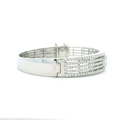 14K White Gold Natural 3.29 Carat Round & Baguette Cut Diamond Bangle Bracelet
