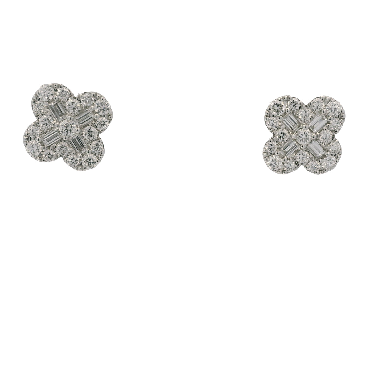 18k White Gold Natural Diamond Pave Clover Style Stud Earrings