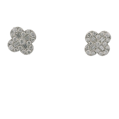 18k White Gold Natural Diamond Pave Clover Style Stud Earrings