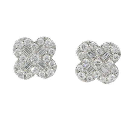 18k White Gold Natural Diamond Pave Clover Style Stud Earrings