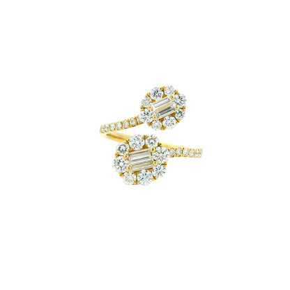 18k Yellow Gold Natural Round & Baguette Cut Diamond Bypass Ring