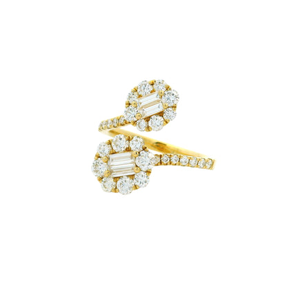 18k Yellow Gold Natural Round & Baguette Cut Diamond Bypass Ring