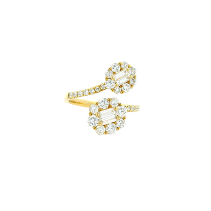 18k Yellow Gold Natural Round & Baguette Cut Diamond Bypass Ring