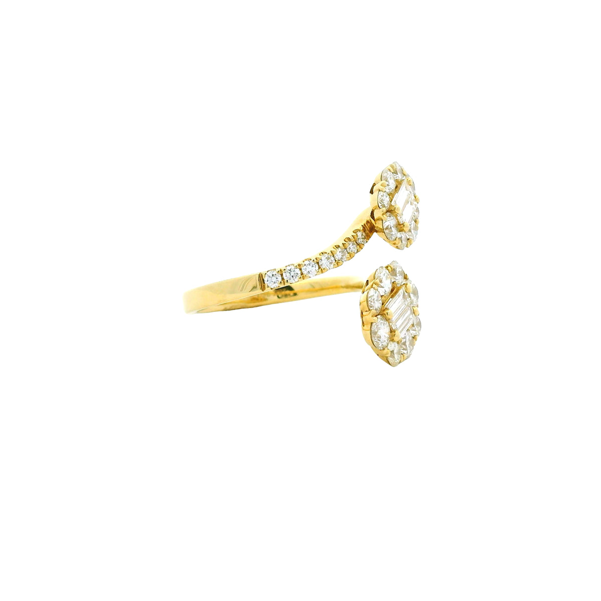 18k Yellow Gold Natural Round & Baguette Cut Diamond Bypass Ring