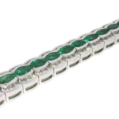 14k White Gold Natural Oval Shape Emerald & Diamond Wide Bracelet