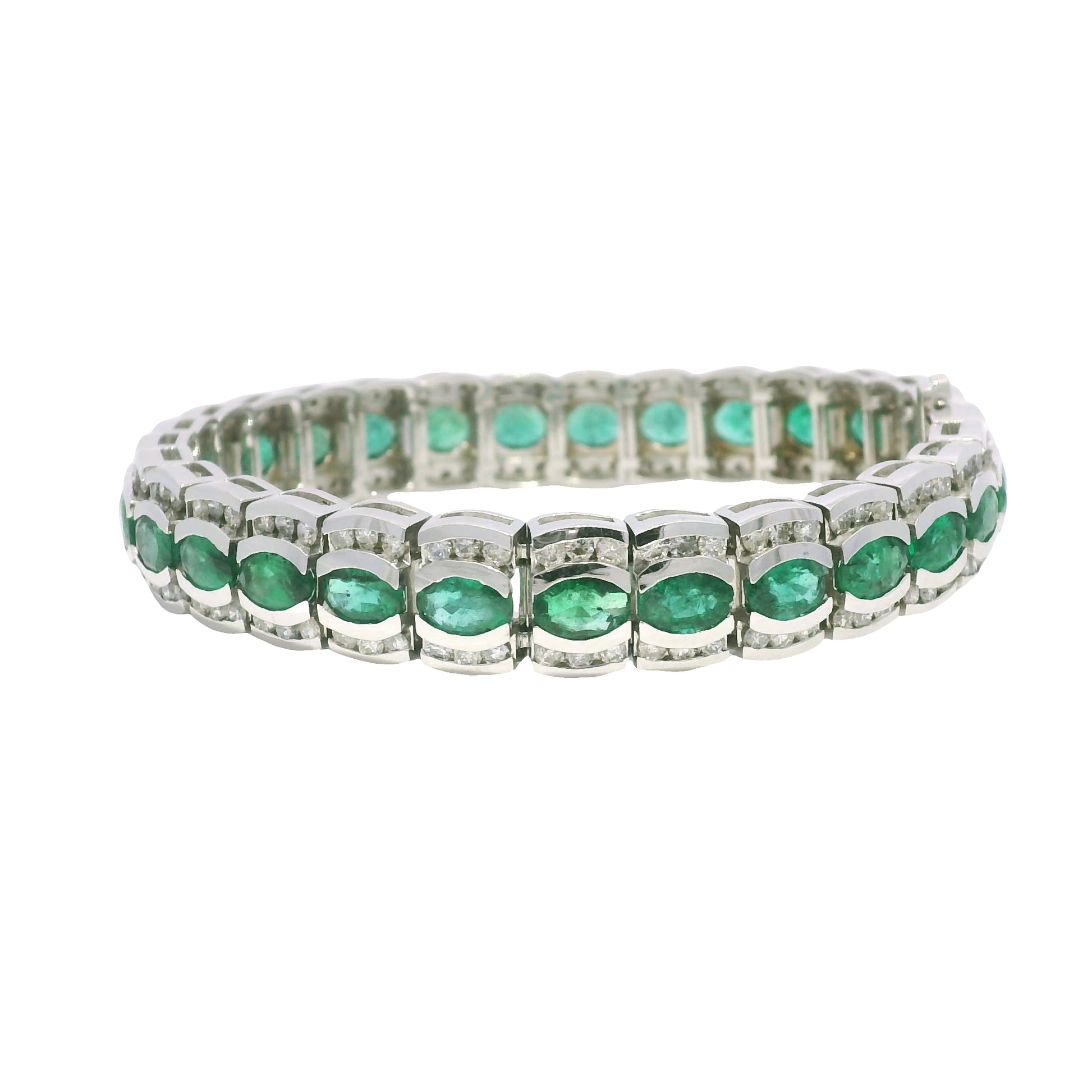14k White Gold Natural Oval Shape Emerald & Diamond Wide Bracelet