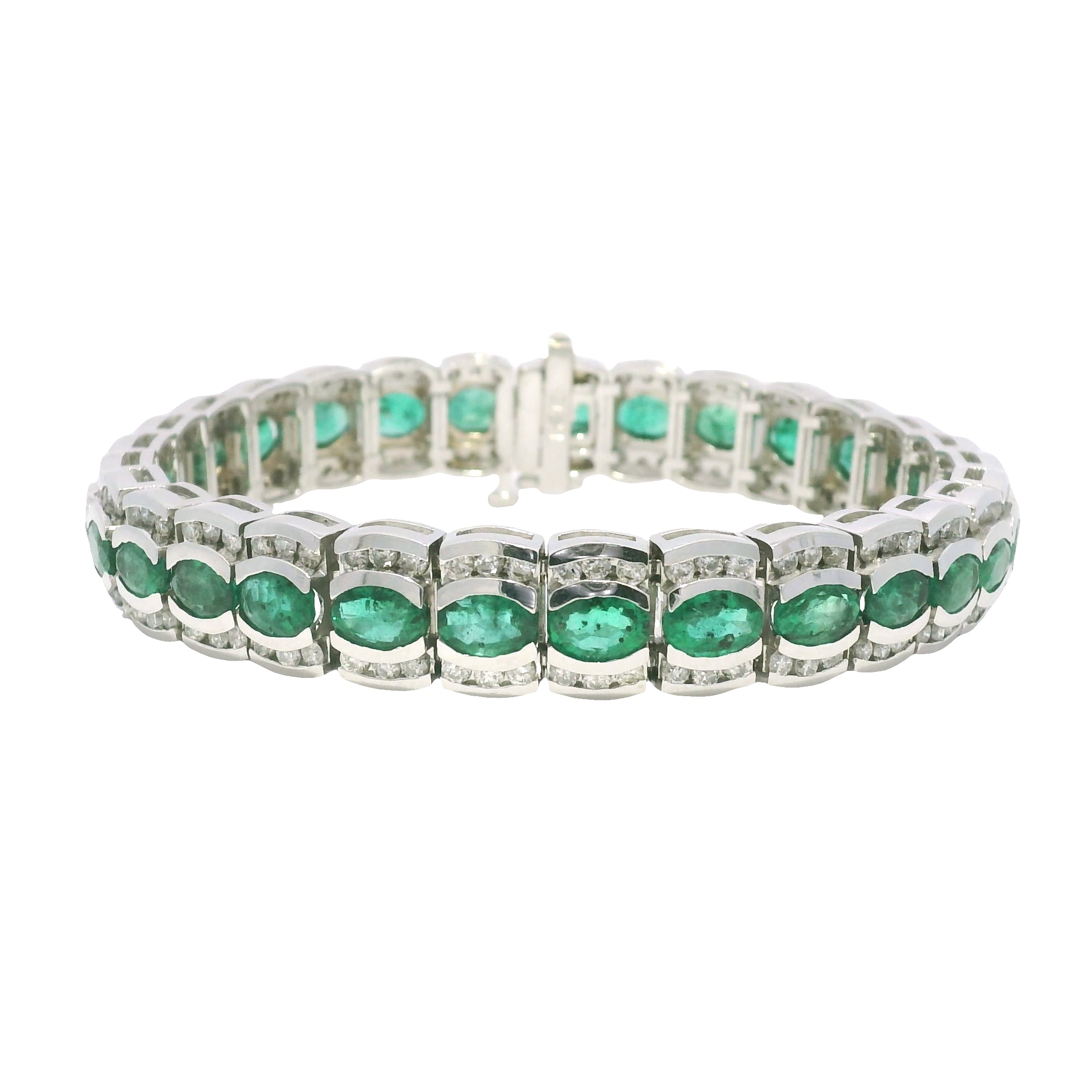 14k White Gold Natural Oval Shape Emerald & Diamond Wide Bracelet