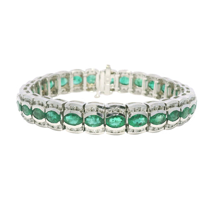 14k White Gold Natural Oval Shape Emerald & Diamond Wide Bracelet