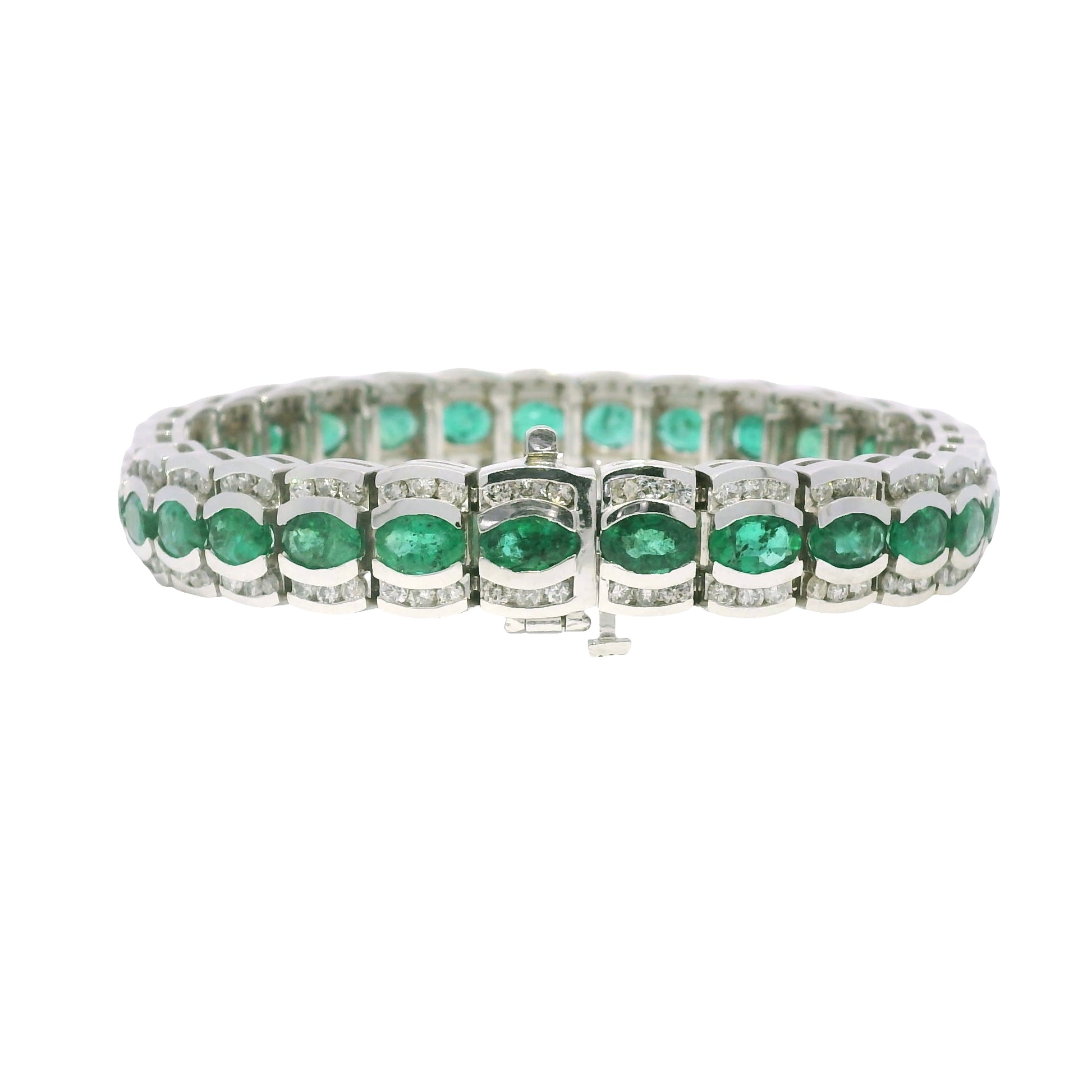 14k White Gold Natural Oval Shape Emerald & Diamond Wide Bracelet