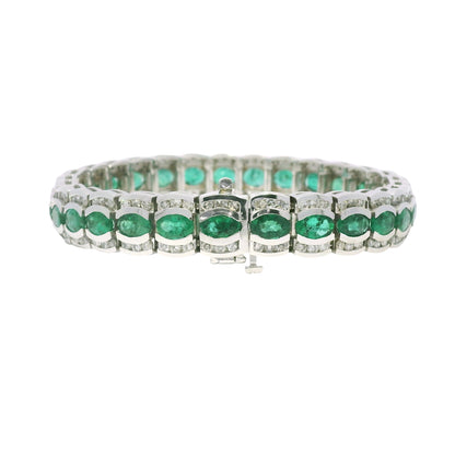 14k White Gold Natural Oval Shape Emerald & Diamond Wide Bracelet