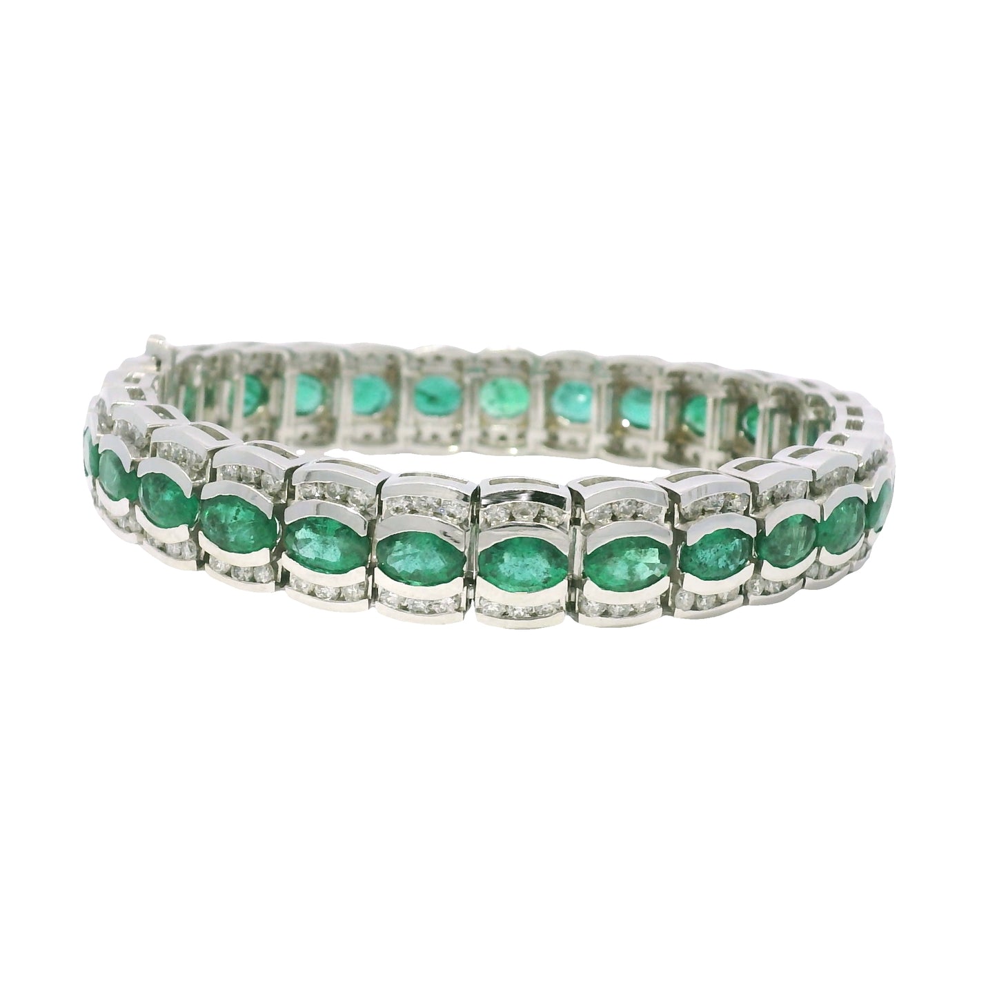 14k White Gold Natural Oval Shape Emerald & Diamond Wide Bracelet
