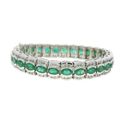 14k White Gold Natural Oval Shape Emerald & Diamond Wide Bracelet