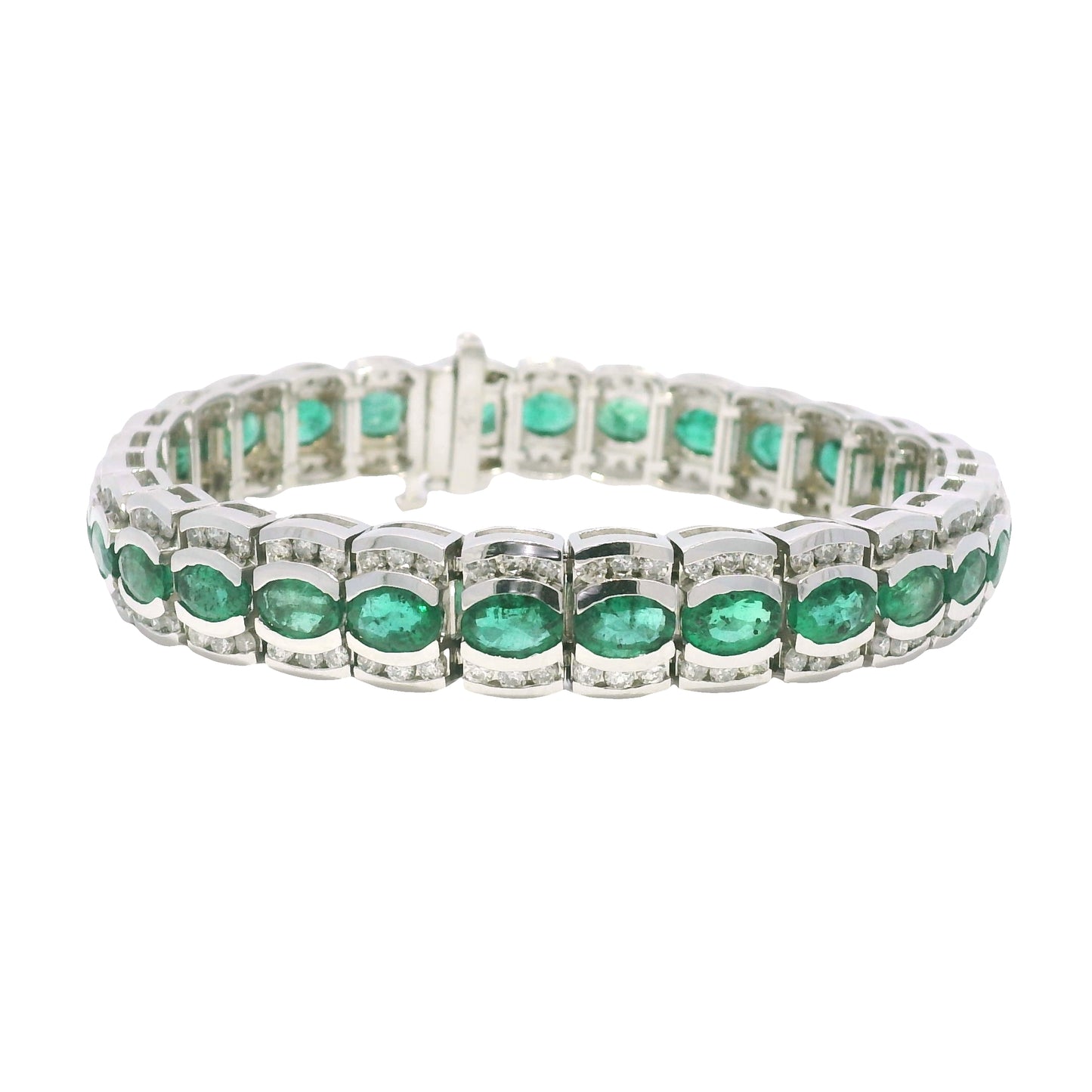 14k White Gold Natural Oval Shape Emerald & Diamond Wide Bracelet