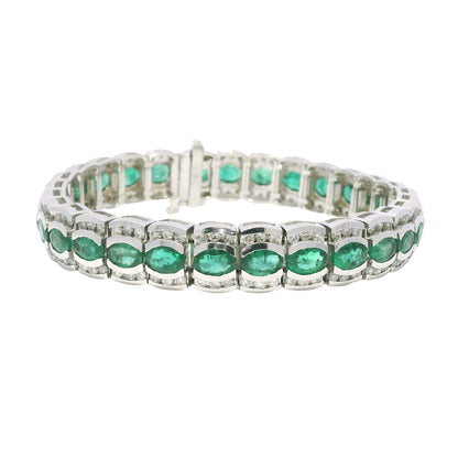 14k White Gold Natural Oval Shape Emerald & Diamond Wide Bracelet