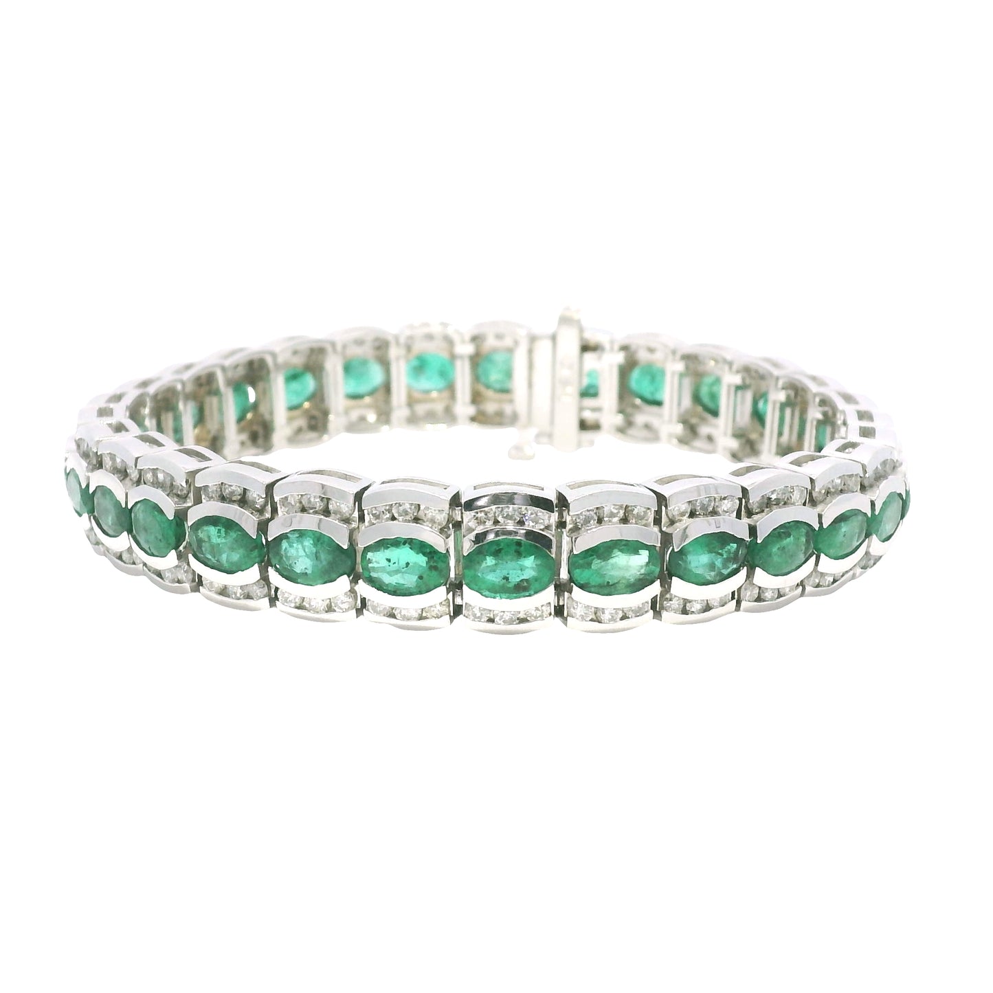 14k White Gold Natural Oval Shape Emerald & Diamond Wide Bracelet