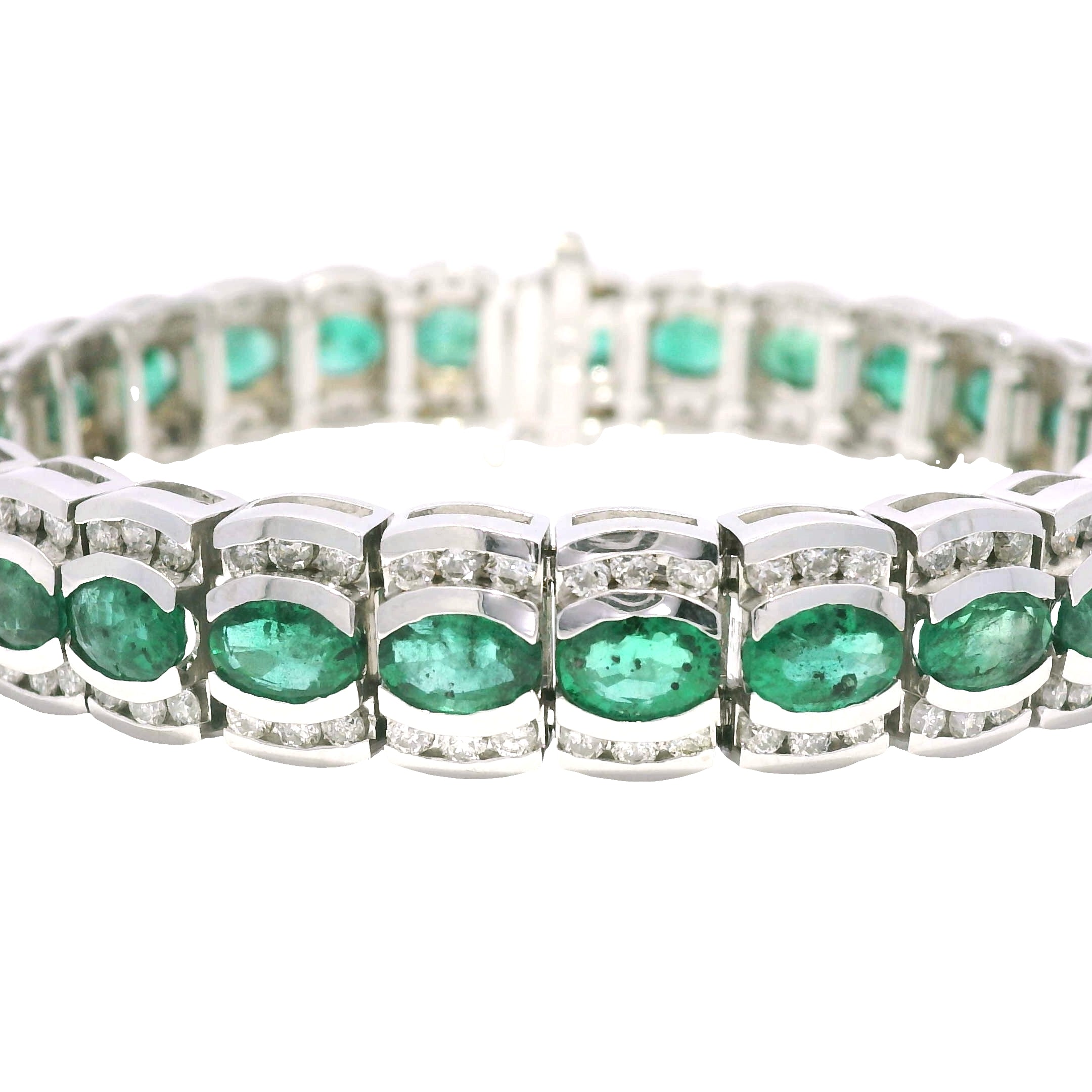 14k White Gold Natural Oval Shape Emerald & Diamond Wide Bracelet
