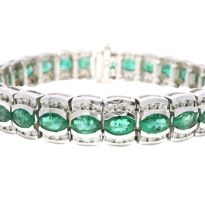 14k White Gold Natural Oval Shape Emerald & Diamond Wide Bracelet