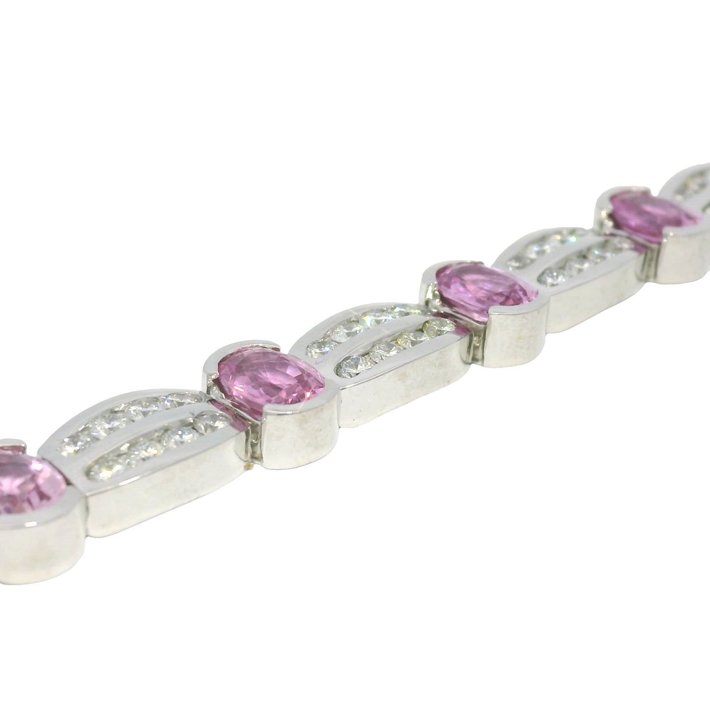 14k White Gold Natural Oval Shape Pink Sapphire & Diamond Bracelet
