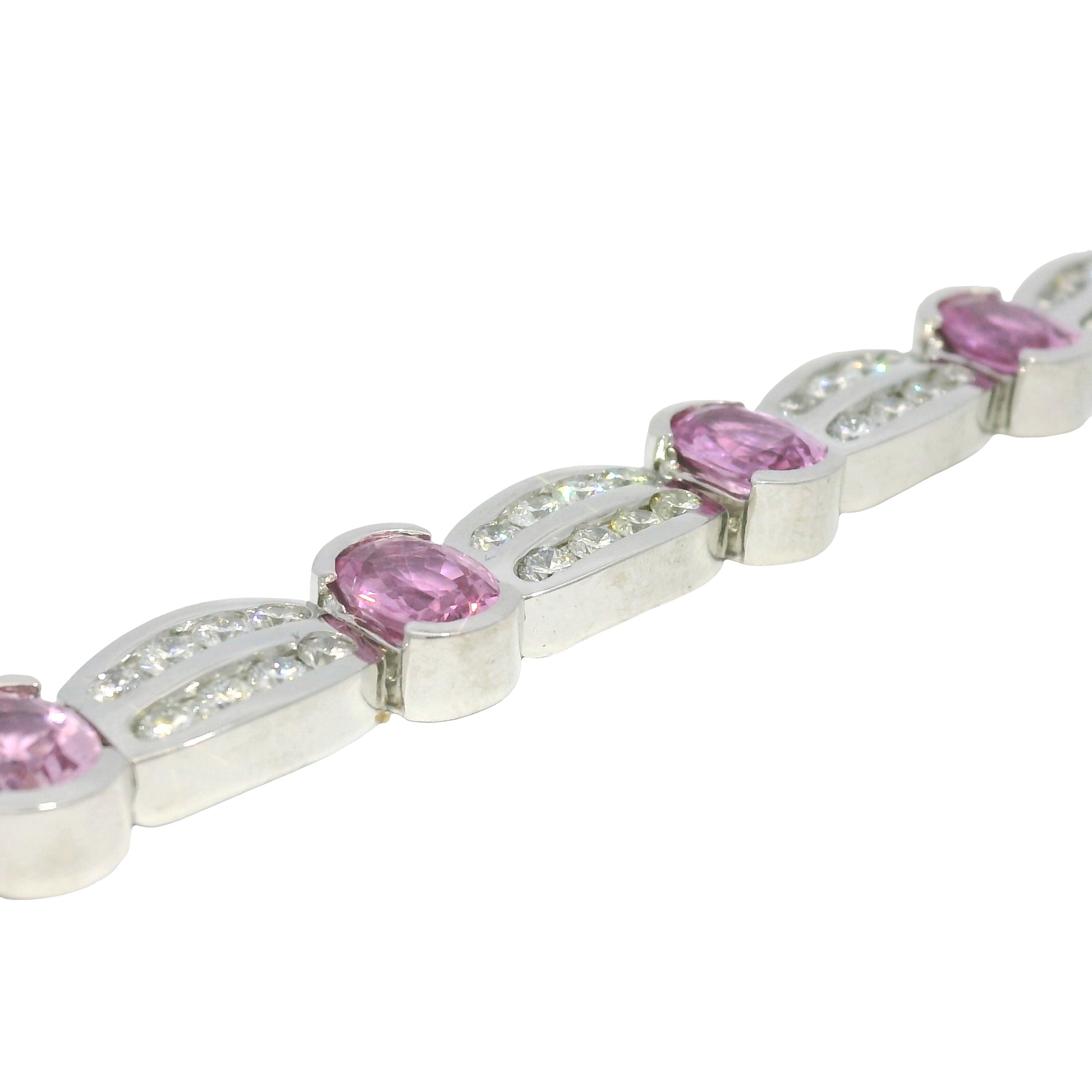 14k White Gold Natural Oval Shape Pink Sapphire & Diamond Bracelet
