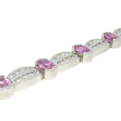 14k White Gold Natural Oval Shape Pink Sapphire & Diamond Bracelet