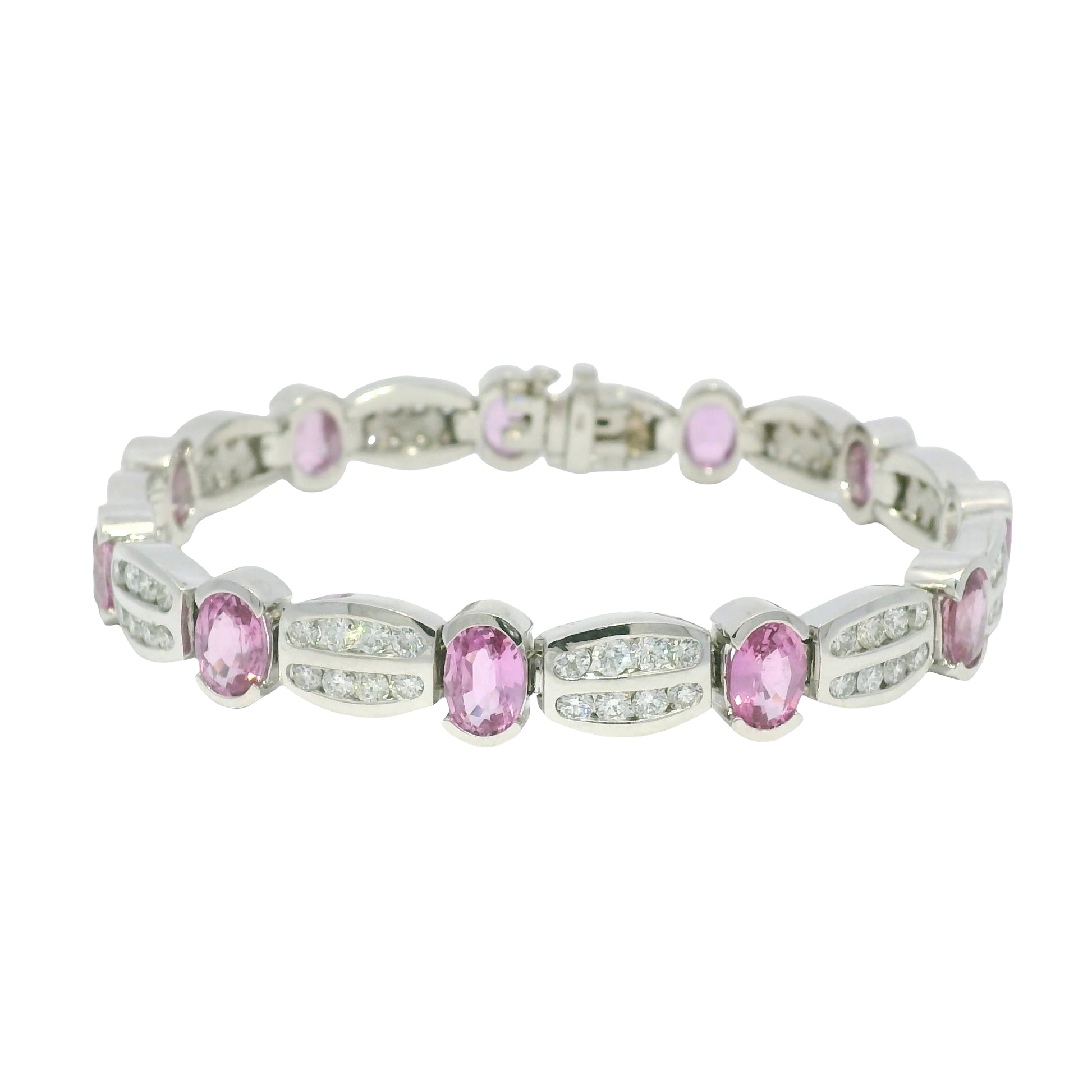 14k White Gold Natural Oval Shape Pink Sapphire & Diamond Bracelet