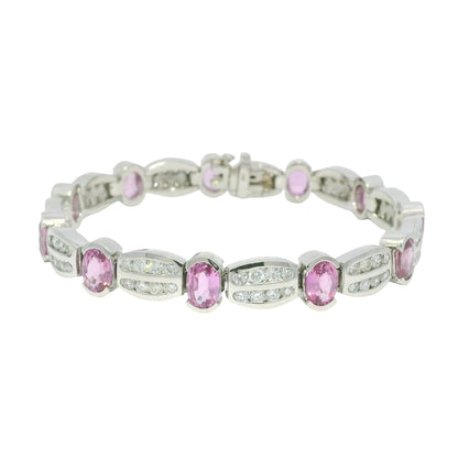 14k White Gold Natural Oval Shape Pink Sapphire & Diamond Bracelet