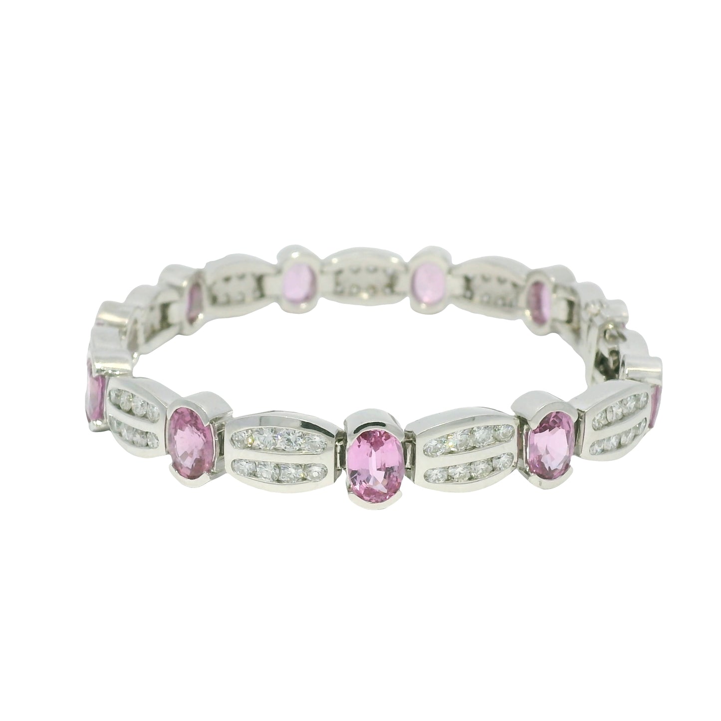 14k White Gold Natural Oval Shape Pink Sapphire & Diamond Bracelet