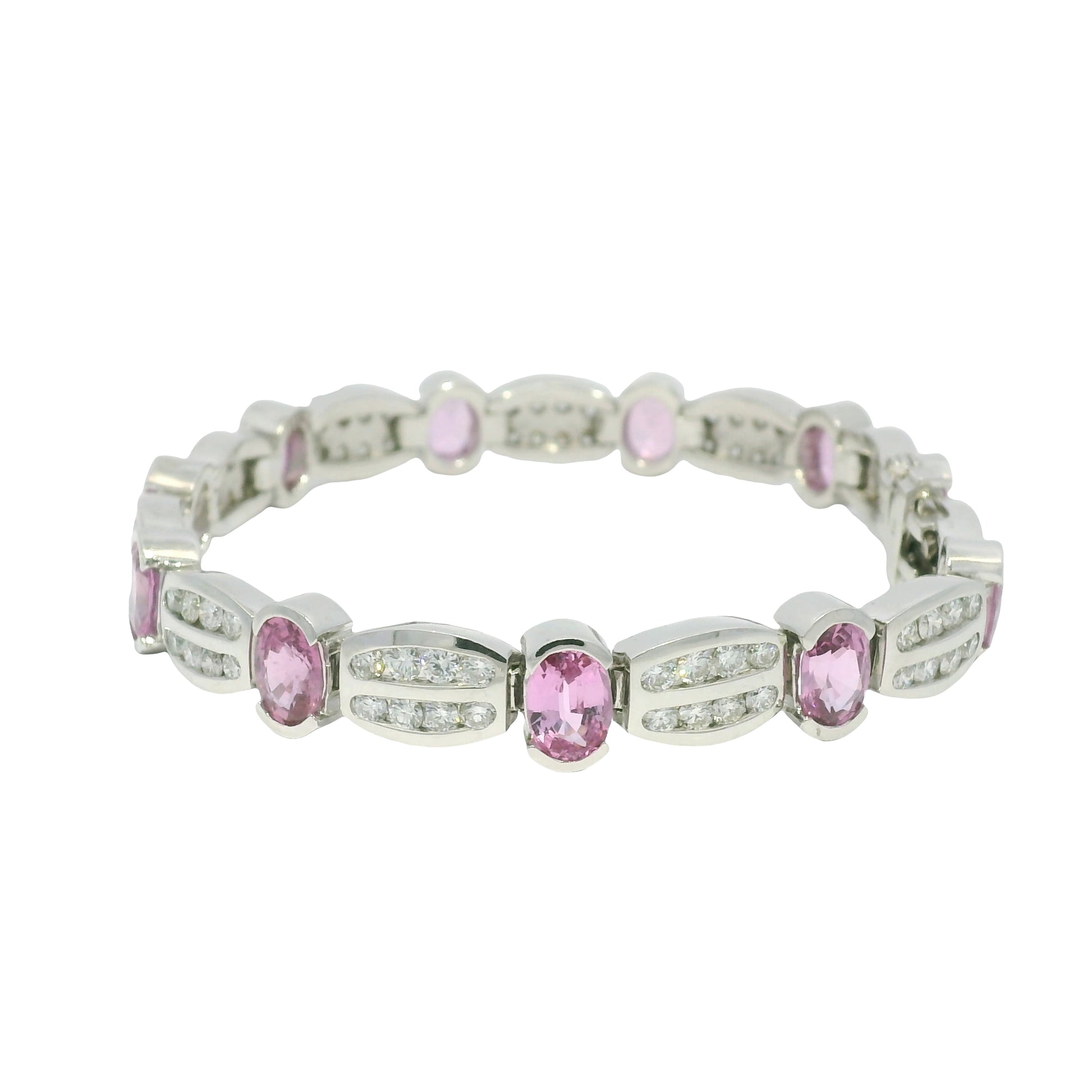 14k White Gold Natural Oval Shape Pink Sapphire & Diamond Bracelet