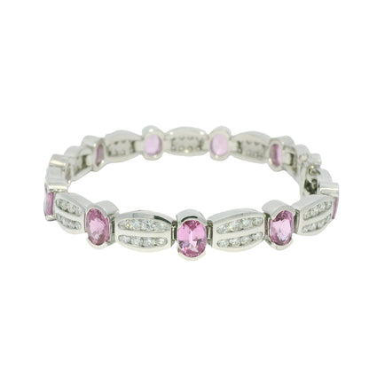 14k White Gold Natural Oval Shape Pink Sapphire & Diamond Bracelet