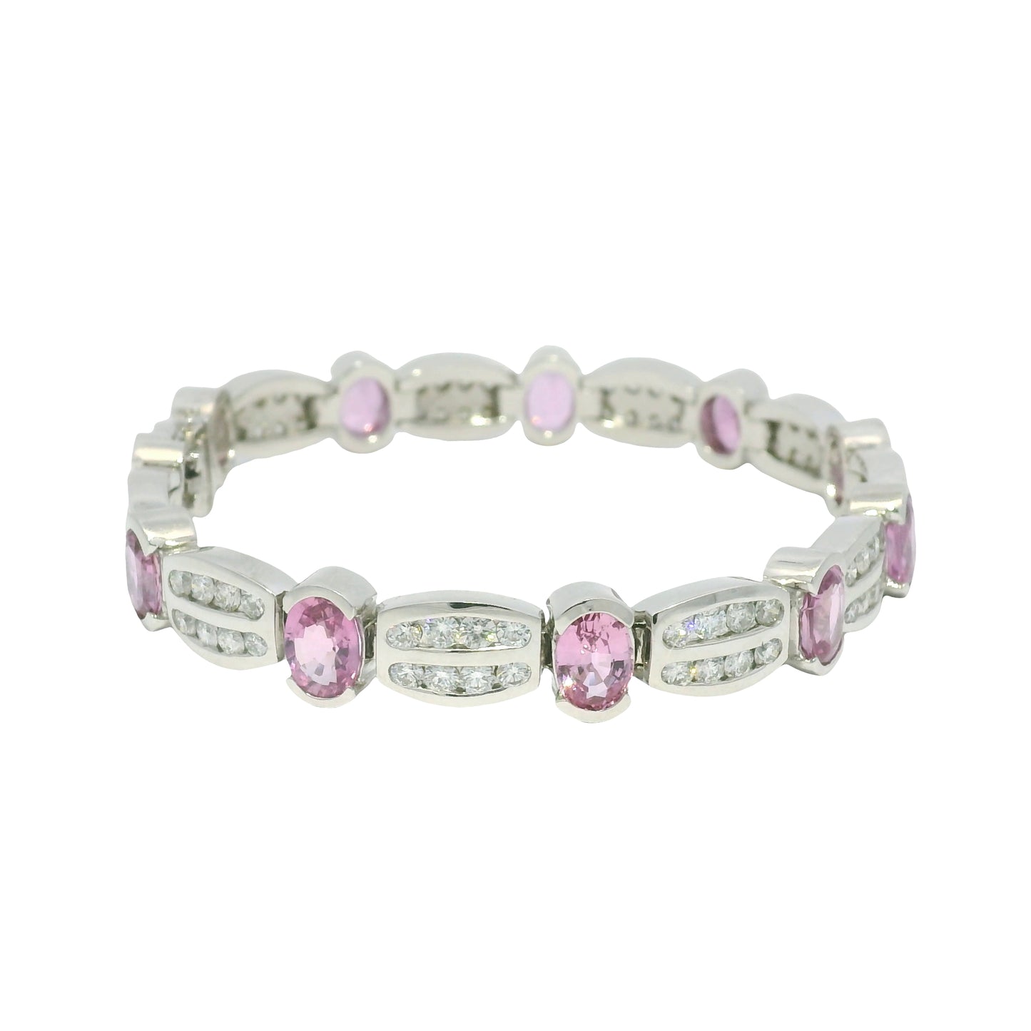 14k White Gold Natural Oval Shape Pink Sapphire & Diamond Bracelet