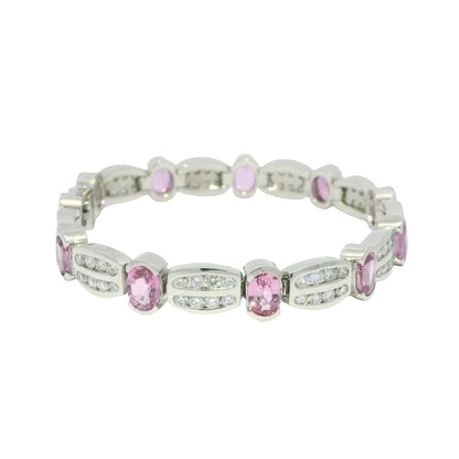 14k White Gold Natural Oval Shape Pink Sapphire & Diamond Bracelet