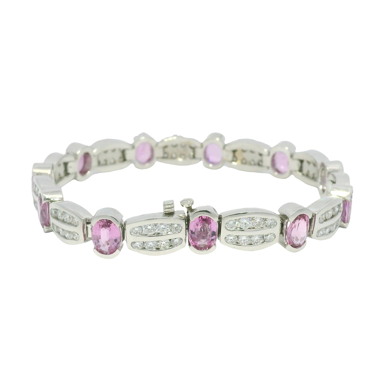 14k White Gold Natural Oval Shape Pink Sapphire & Diamond Bracelet
