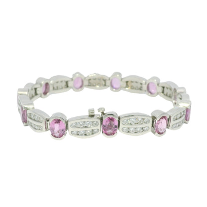 14k White Gold Natural Oval Shape Pink Sapphire & Diamond Bracelet