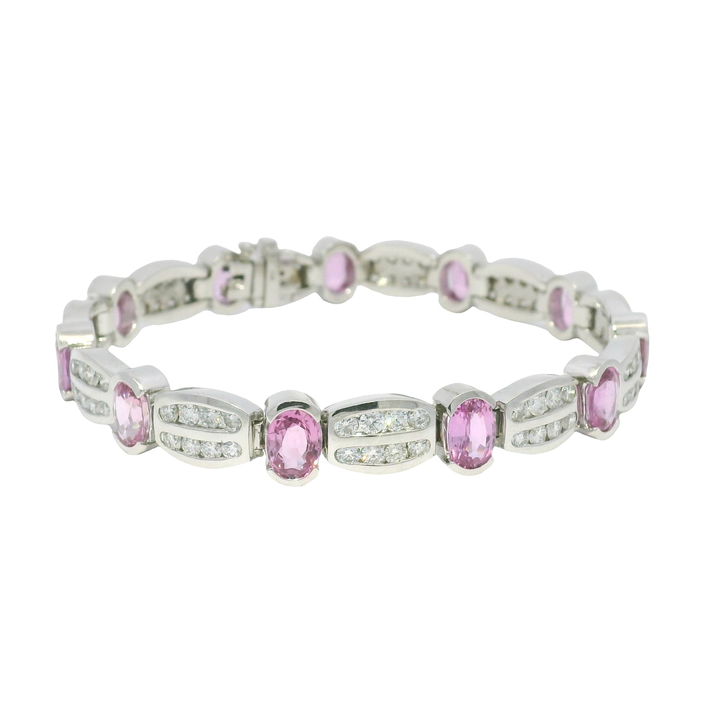 14k White Gold Natural Oval Shape Pink Sapphire & Diamond Bracelet