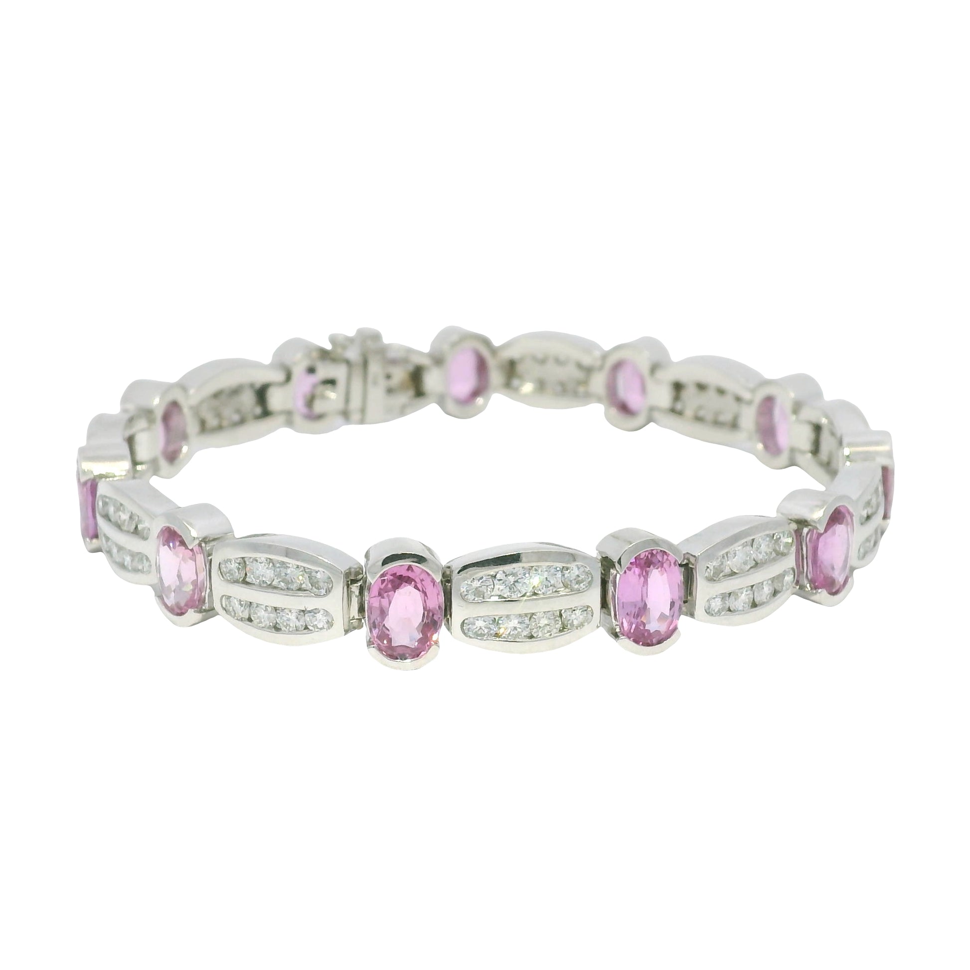 14k White Gold Natural Oval Shape Pink Sapphire & Diamond Bracelet