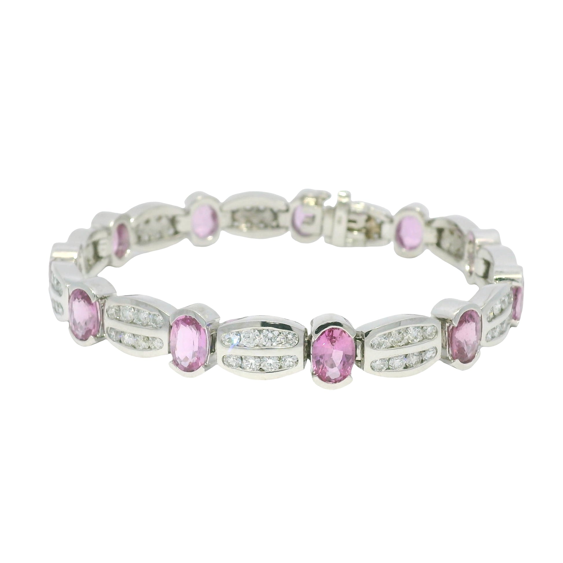 14k White Gold Natural Oval Shape Pink Sapphire & Diamond Bracelet