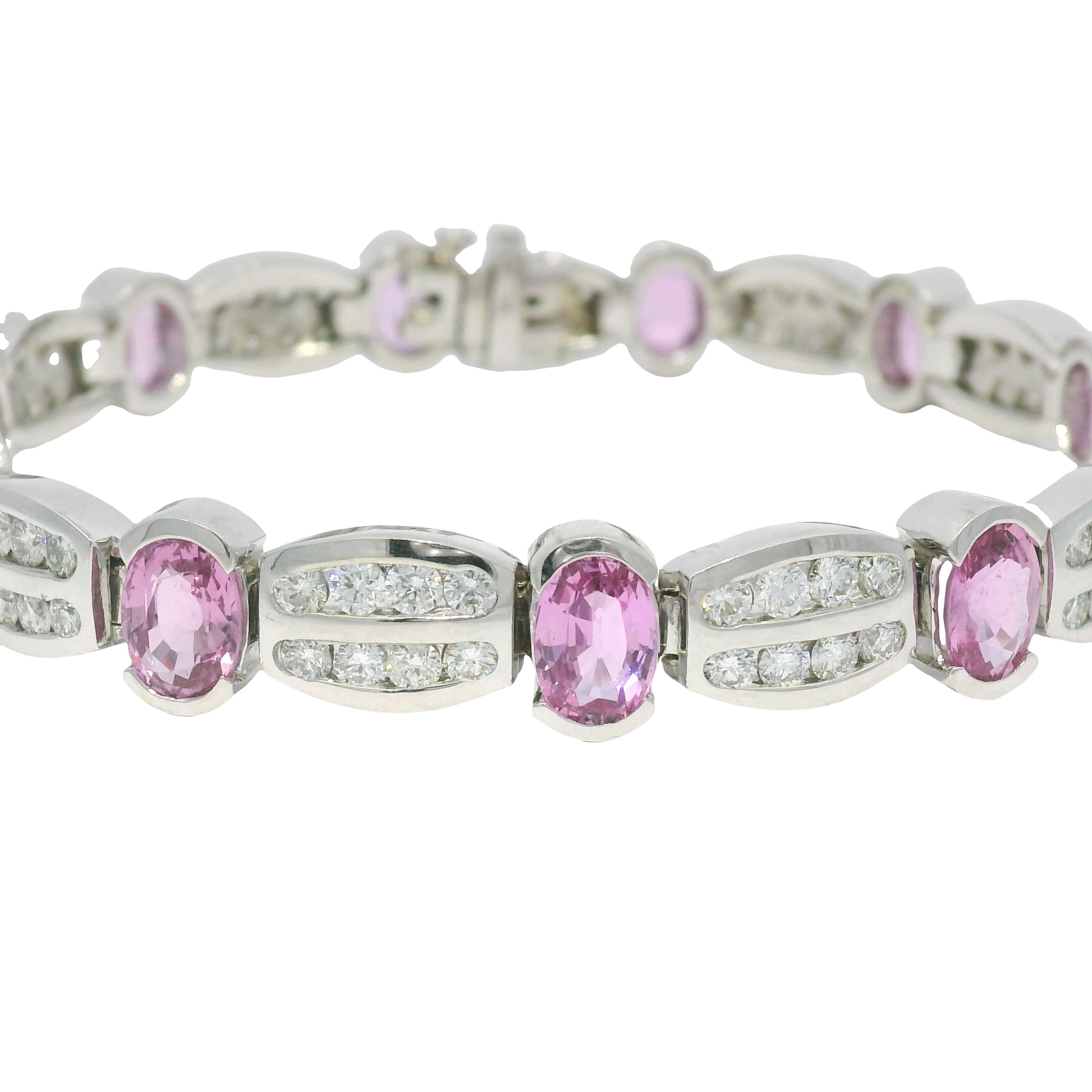 14k White Gold Natural Oval Shape Pink Sapphire & Diamond Bracelet